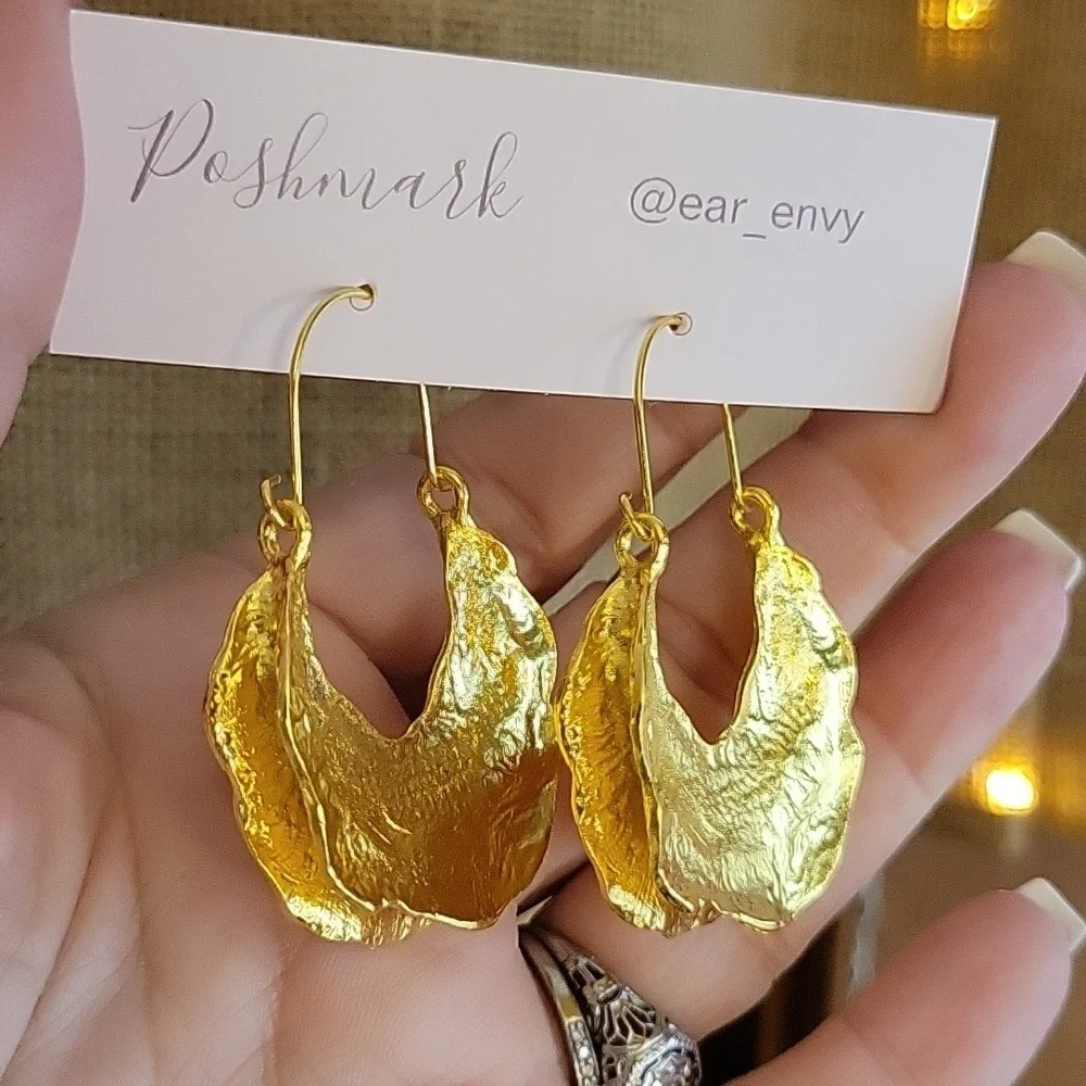 Anthropologie Hammered Gold Crescent Drop Earrings